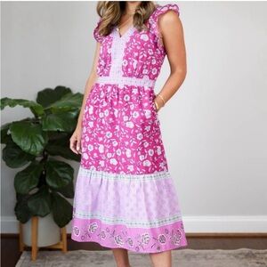 LOFT Purple floral midi ruffle sleeve v neck NWT DRESS